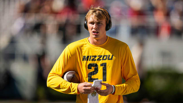 Nov 4, 2023; Athens, Georgia, USA; Missouri Tigers quarterback Sam Horn (21) on the field before the game against the Georgia Bulldogs at Sanford Stadium. Mandatory Credit: Dale Zanine-USA TODAY Sports